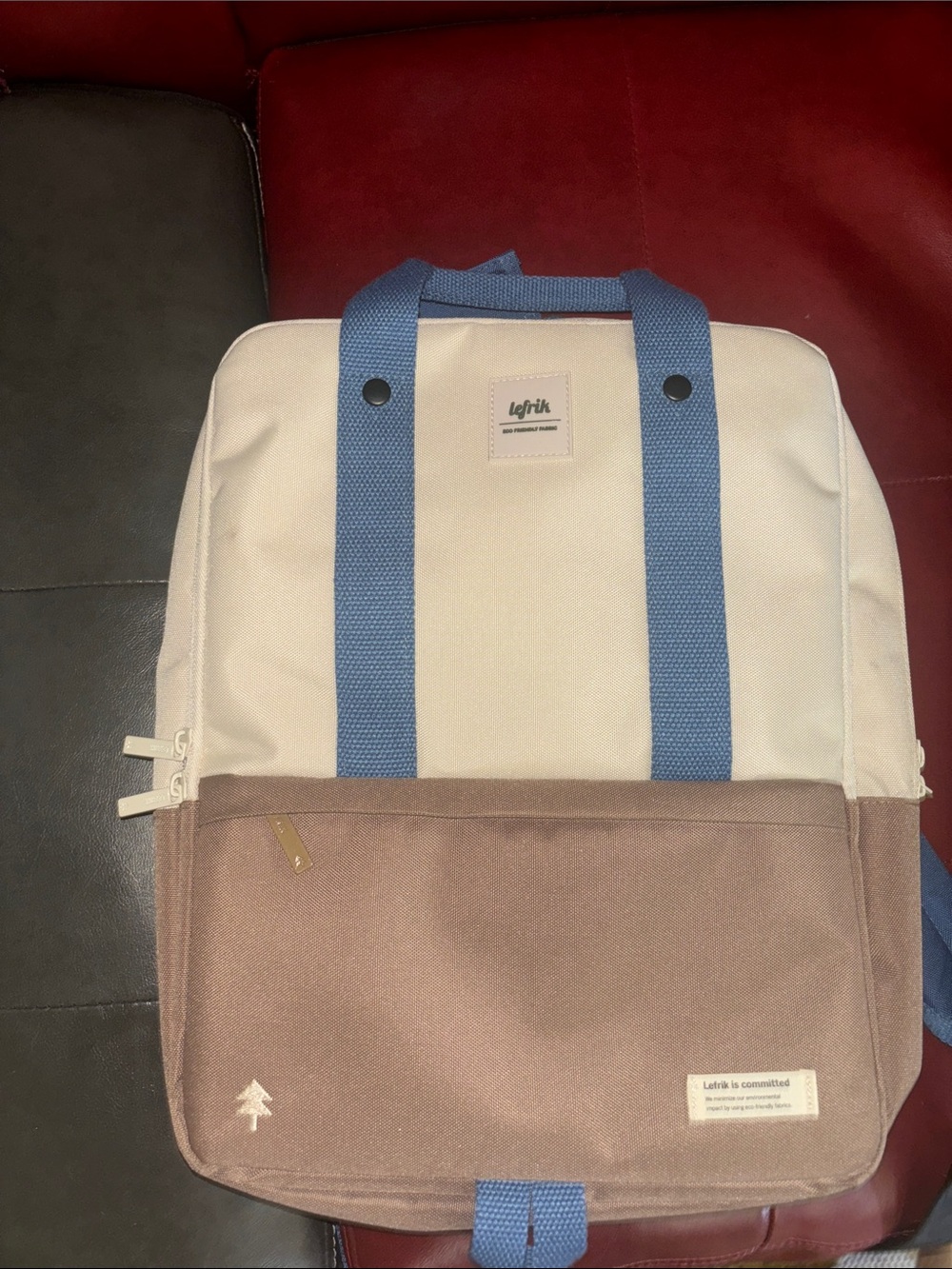 Two-Tone Canvas Backpack in Cream, Brown & Blue